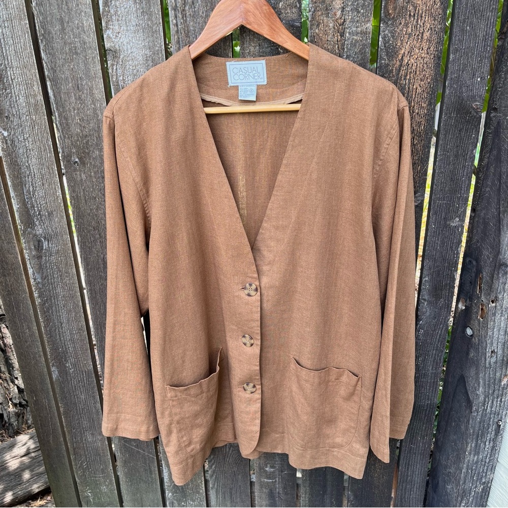 Casual Corner Brown Linen Rayon Collarless Button Blazer Jacket Sz 4